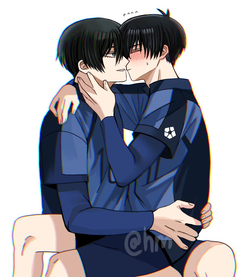 2boys aqua_eyes black_hair blue_lock blue_shirt blue_shorts blue_sleeves closed_eyes hair_between_eyes hyohls2_(hamao3o) isagi_yoichi itoshi_rin kiss long_sleeves male_focus multiple_boys shirt short_hair shorts smile soccer_uniform sportswear white_background yaoi
