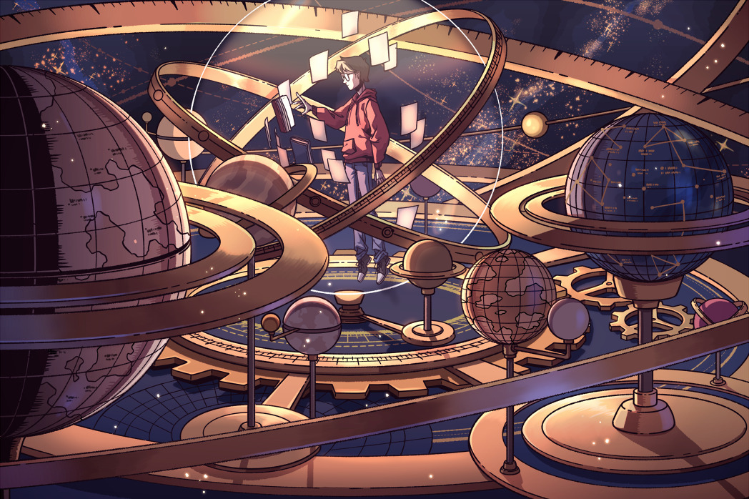 1boy book books_of_magic brown_hair constellation denim floating floating_book floating_object from_side gears glasses globe hood hoodie jeans male_focus pants planet planetarium shoes short_hair sky sneakers solo sparkle star_(sky) starry_sky tim_hunter wenny02