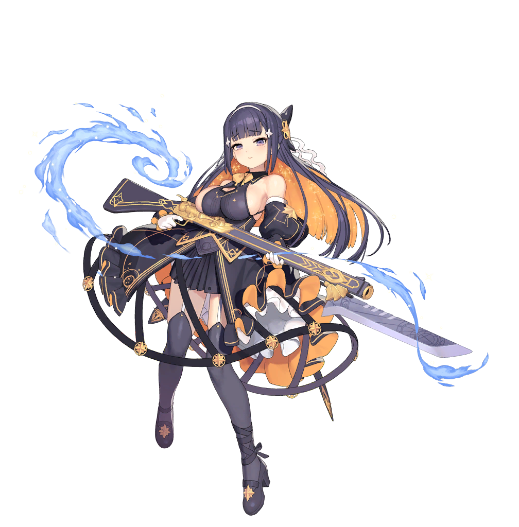 1girl black_dress black_thighhighs breasts dress girls_creation gogh_(girls_creation) gun holding holding_gun holding_weapon kinjo_kuromomo large_breasts official_art purple_eyes purple_hair sideboob thighhighs weapon