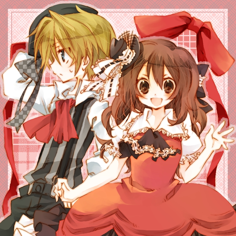1boy 1girl amamiya_kabosu ascot beret black_ascot blonde_hair blue_eyes border bow brown_eyes brown_hair cousins dress frills happy hat henrietta_grimm long_hair outside_border pink_background pink_border red_ascot red_dress ribbon rui_grimm sweat zettai_meikyuu_grimm