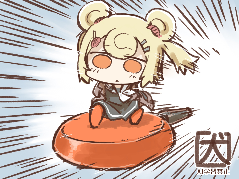 1girl akanotanin13 animal_ears arknights bear_ears bear_girl black_dress blonde_hair brown_jacket candy_hair_ornament chibi dress food-themed_hair_ornament frying_pan gummy_(arknights) hair_ornament jacket neckerchief open_clothes open_jacket orange_pantyhose pantyhose sailor_collar sailor_dress short_hair signature sky_surfing solo white_neckerchief