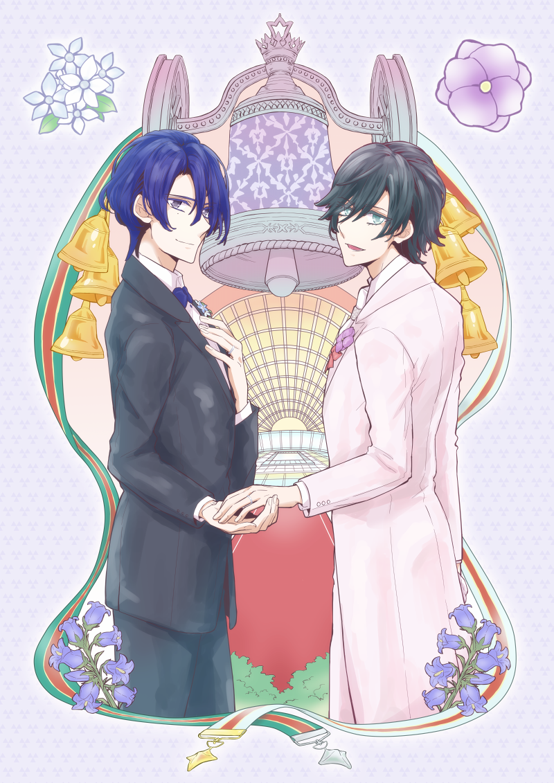 2boys bell black_eyes black_hair black_suit blue_eyes blue_hair bow bowtie collared_shirt commentary flower formal_clothes hair_between_eyes hamuuuko hijirikawa_masato holding_hands ichinose_tokiya implied_yaoi looking_at_viewer looking_to_the_side multiple_boys pink_suit shirt suit uta_no_prince-sama yaoi