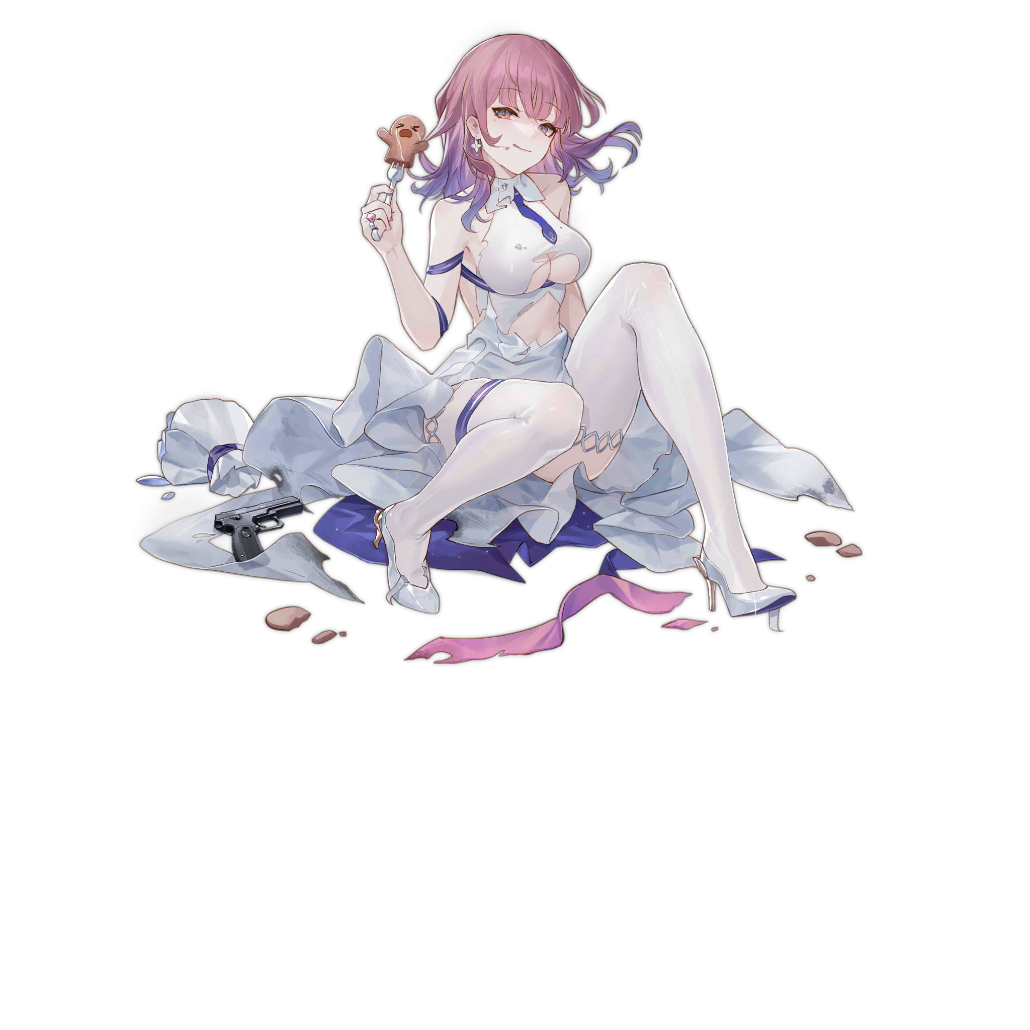 >_< 1girl bare_shoulders blue_eyes blue_necktie bouquet breasts burnt_clothes closed_mouth clothing_cutout collar convenient_leg d: detached_collar dress dx earrings flower food food_on_clothes food_on_face fork full_body gingerbread_man girls'_frontline gradient_eyes gradient_hair gun handgun high_heels highres holding holding_fork jewelry large_breasts looking_at_viewer medium_hair mp-443_(earthly_desires)_(girls'_frontline) mp-443_(girls'_frontline) mp-443_grach multicolored_eyes multicolored_hair necktie official_alternate_costume official_art open_mouth orange_eyes pink_hair reeh_(yukuri130) shoes short_necktie simple_background sitting smile solo thigh_strap thighhighs third-party_source torn_clothes torn_dress torn_footwear transparent_background two-tone_eyes underboob underboob_cutout weapon weapon_on_floor wedding_dress white_collar white_dress white_shoes white_thighhighs