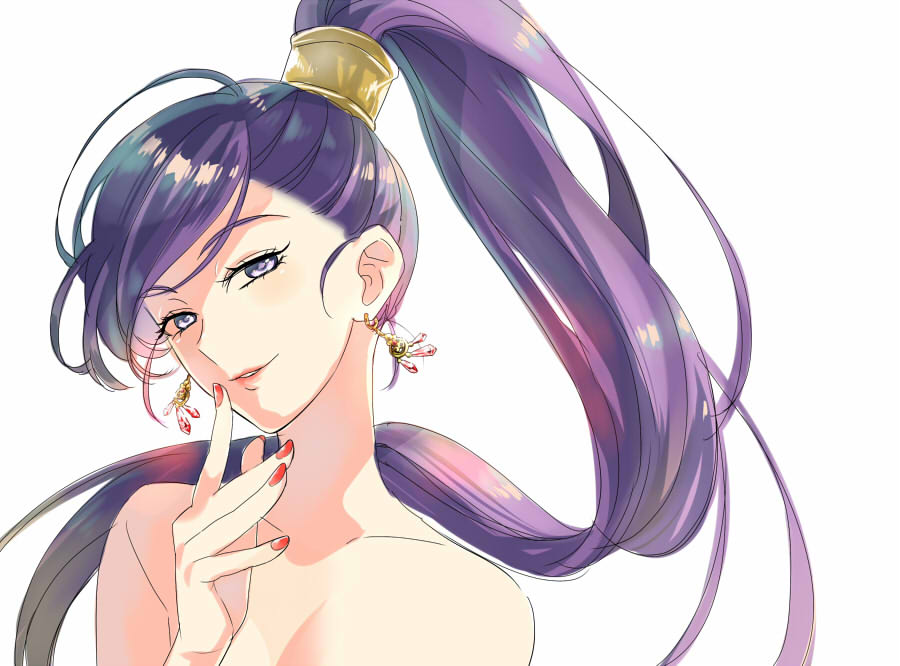 1girl bare_shoulders breasts cleavage collarbone commentary_request dragon_quest dragon_quest_xi earrings floating_earring floating_hair gem hair_tubes harachann0524 head_tilt high_ponytail implied_nudity jewelry looking_at_viewer martina_(dq11) parted_lips ponytail purple_eyes purple_hair red_gemstone red_lips red_nails single_hair_tube smile solo upper_body white_background