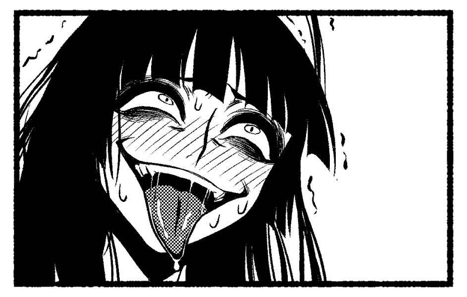 1girl ahegao bags_under_eyes blue_archive blunt_bangs byackopath_(artist) commentary_request cropped furrowed_brow greyscale houkago_play kurosaki_rendou_(style) long_hair look-alike monochrome nervous_sweating open_mouth parody portrait rolling_eyes saliva simple_background smile solo style_parody sweat textless_version tongue tongue_out trembling tsurugi_(blue_archive)