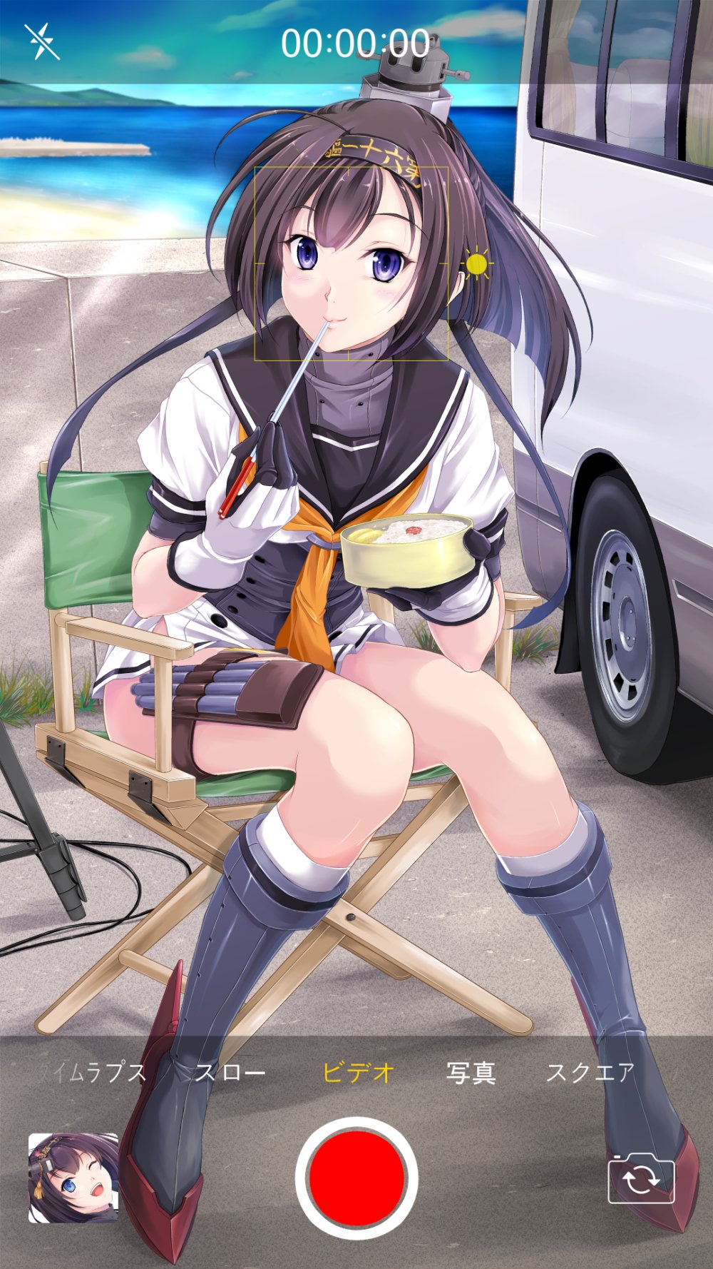 1girl 1other ahoge akizuki_(kancolle) beach bento black_hair black_sailor_collar blue_sky chair chou-10cm-hou-chan chou-10cm-hou-chan_(akizuki&#039;s) clothes_writing commentary_request corset creature_on_head day director&#039;s_chair folding_chair grey_eyes hachimaki headband headgear highres kantai_collection looking_at_viewer map_(blue_catty) motor_vehicle neckerchief outdoors pleated_skirt ponytail sailor_collar school_uniform serafuku skirt sky van viewfinder white_skirt yellow_neckerchief