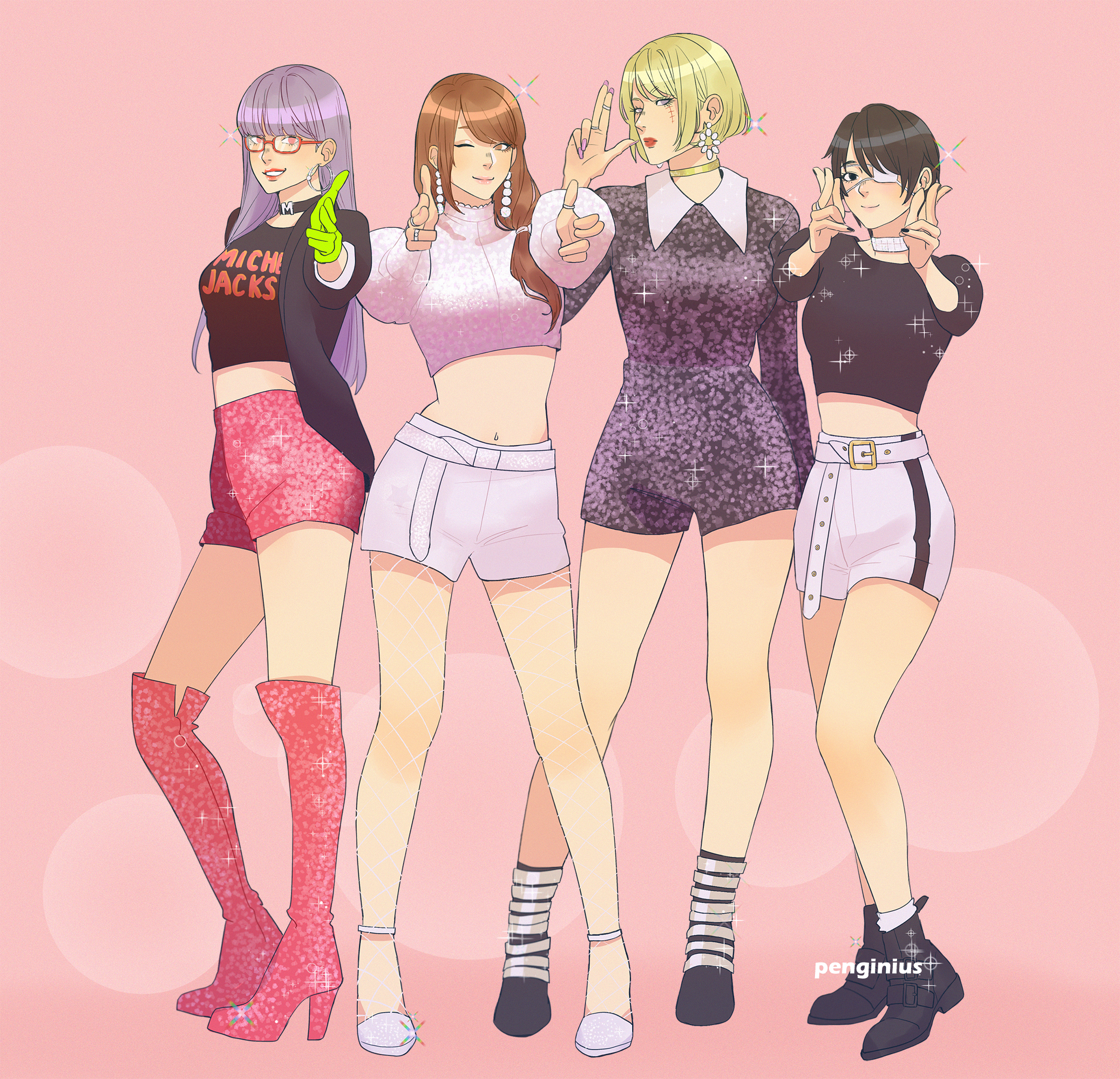 4girls black_jacket blackpink blunt_bangs boots choker commentary cosplay earrings eyepatch finger_gun full_body gintama glasses gloves green_gloves highres hoop_earrings jacket jennie_(blackpink) jennie_(blackpink)_(cosplay) jewelry jisoo_(blackpink) jisoo_(blackpink)_(cosplay) lisa_(blackpink) lisa_(blackpink)_(cosplay) multiple_girls one_eye_closed penginius pink_background pink_shorts red_lips rose_(blackpink) rose_(blackpink)_(cosplay) sarutobi_ayame scar scar_across_eye scar_on_face shimura_tae shorts simple_background smile stitches swept_bangs thigh_boots tsukuyo_(gintama) white_shorts yagyuu_kyuubei