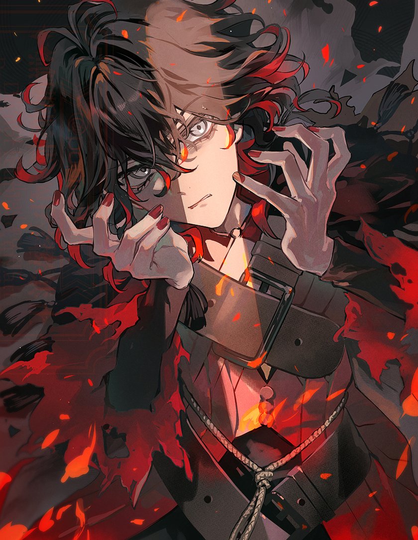 1boy antenna_hair belt belt_buckle black_hair brown_belt buckle chest_belt cloak commentary_request crossed_bangs dante_alighieri_(fate) dante_alighieri_(second_ascension)_(fate) fate/grand_order fate_(series) fingernails fire grey_eyes hair_between_eyes hair_intakes hands_up long_sleeves looking_at_viewer male_focus medium_hair multicolored_hair nail_polish parted_lips poppoman red_hair red_nails red_shirt rope shirt solo streaked_hair tassel torn_cloak torn_clothes torn_sleeves upper_body v-shaped_eyebrows