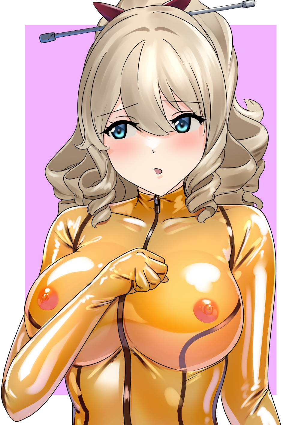 1girl blue_eyes bodysuit breasts covered_erect_nipples drill_hair hair_between_eyes hair_ribbon hatakaze_(kancolle) highres kantai_collection large_breasts latex latex_bodysuit light_brown_hair long_hair orange_bodysuit ponytail red_ribbon ribbon skin_tight solo upper_body wata_nuki