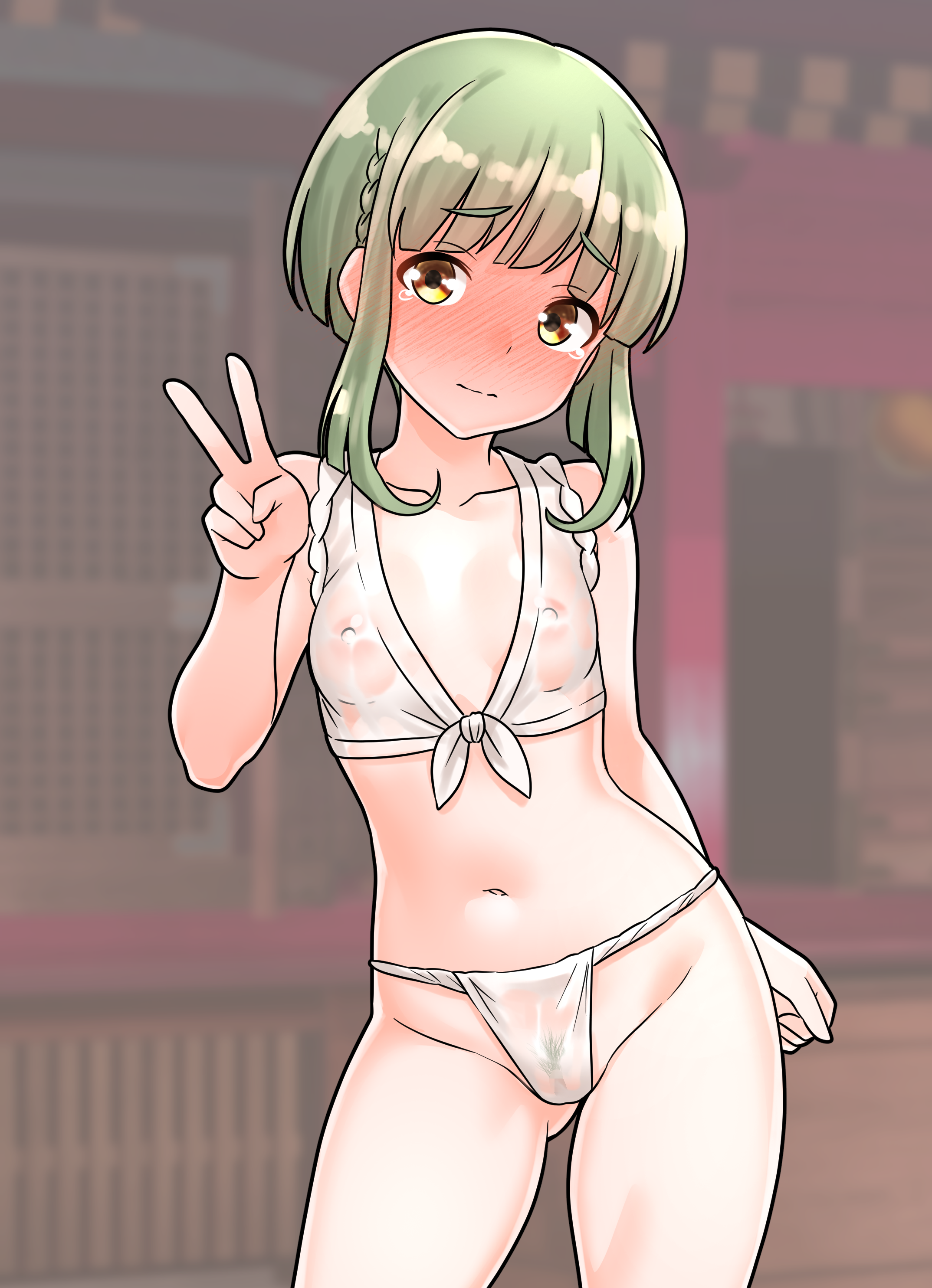 1girl absurdres blush closed_mouth collarbone colored_pubic_hair commentary_request covered_erect_nipples embarrassed female_pubic_hair full-face_blush fundoshi furaggu_(frag_0416) gluteal_fold green_hair groin highres japanese_clothes kantai_collection looking_at_viewer navel pubic_hair see-through_clothes see-through_fundoshi solo stomach takanami_(kancolle) thighs v variant_set yellow_eyes