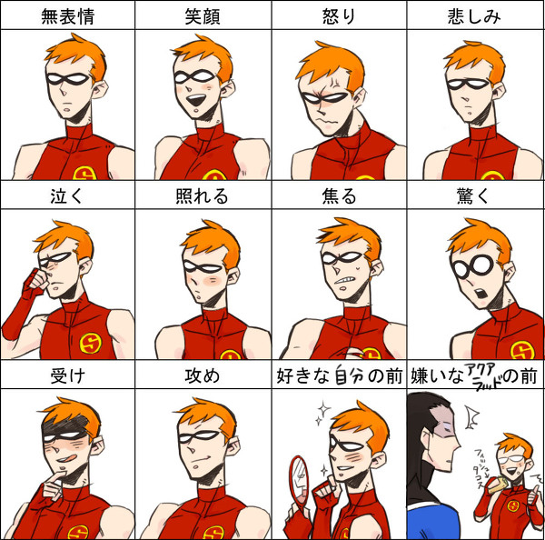 2boys aqua_lad black_hair dc_comics domino_mask expression_sheet multiple_expressions garth male_focus mask mirror multiple_boys orange_hair pixiv_sample resized roy_harper speedy teen_titans