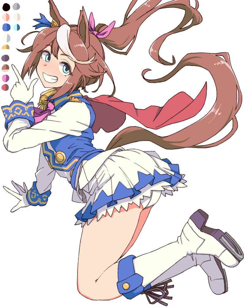 1girl animal_ears ascot blue_eyes blue_shirt blue_skirt boots brown_hair cape collared_shirt commentary_request epaulettes floating floating_cape floating_hair full_body gloves grin hair_ribbon hand_up horse_ears horse_girl horse_tail index_finger_raised long_sleeves looking_at_viewer looking_to_the_side multicolored_hair panties pink_ascot pink_ribbon pleated_skirt ponytail red_cape ribbon shirt sidelocks simple_background single_epaulette skirt smile solo streaked_hair tail tokai_teio_(umamusume) toriga_naku two-tone_shirt two-tone_skirt umamusume underwear white_background white_boots white_gloves white_hair white_panties white_shirt white_skirt