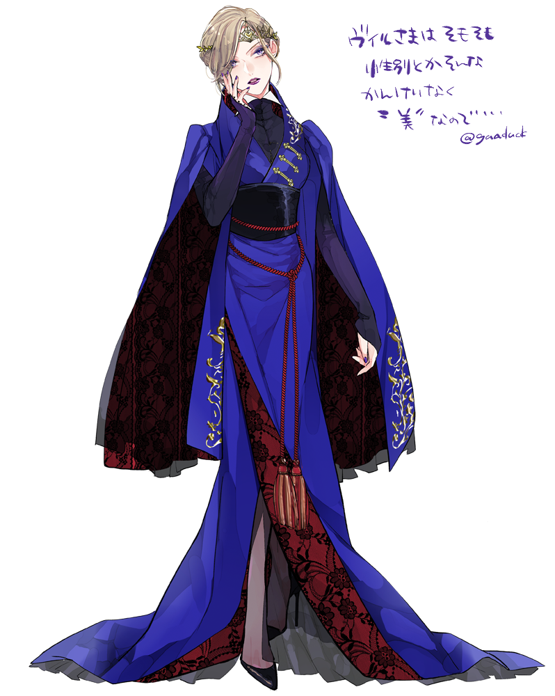 1girl adapted_costume aiume_rm arm_at_side black_footwear black_nails blonde_hair blue_coat blue_dress bridal_gauntlets coat dress eyeshadow full_body genderswap genderswap_(mtf) hand_on_own_cheek hand_on_own_face hand_up head_tilt high_heels lipstick looking_at_viewer makeup nail_polish purple_eyes purple_nails rope see-through_clothes shirai side_slit simple_background solo stiletto_heels tassel tiara toggles twisted_wonderland updo vil_schoenheit white_background