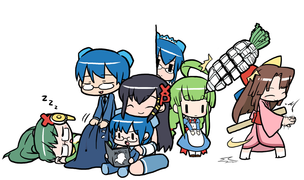 2boys 2k-kun 2k-tan 5girls 95-tan ^_^ ahoge apron black_hair blue_hair book chibi chibi_only clapping closed_eyes explosive glasses green_hair grenade hair_ornament hairpin homeko japanese_clothes me-tan multiple_boys multiple_girls open_book os-tan own_hands_together peeking_out reading sleeping smile spring_onion v_arms xp-tan xp_home-tan xphome zzz