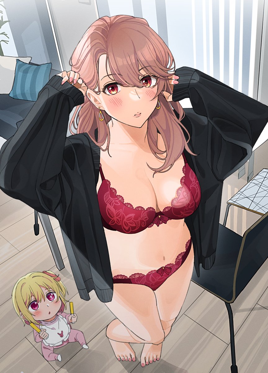 2girls baby bare_legs barefoot black_cardigan blush bra breasts brown_hair cardigan cleavage collarbone commentary_request earrings fingernails glowstick highres holding holding_glowstick hoshino_ruby indoors jewelry lace lace-trimmed_bra lace-trimmed_panties lace_trim large_breasts lingerie long_sleeves looking_at_another looking_at_viewer mature_female multiple_girls navel open_cardigan open_clothes oshi_no_ko panties red_bra red_eyes red_panties saitou_miyako sleeves_past_wrists stomach tipii toenails underwear