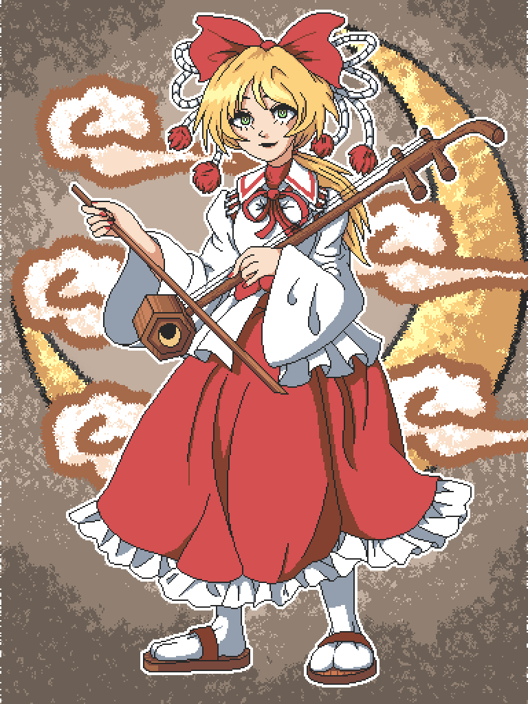 1girl aksawshin bow bow_(music) embodiment_of_scarlet_devil erhu geta green_eyes hair_bow long_skirt nontraditional_miko pom_pom_(clothes) red_bow red_nails red_skirt satsuki_rin shirt skirt smile solo tabi touhou white_shirt wide_sleeves