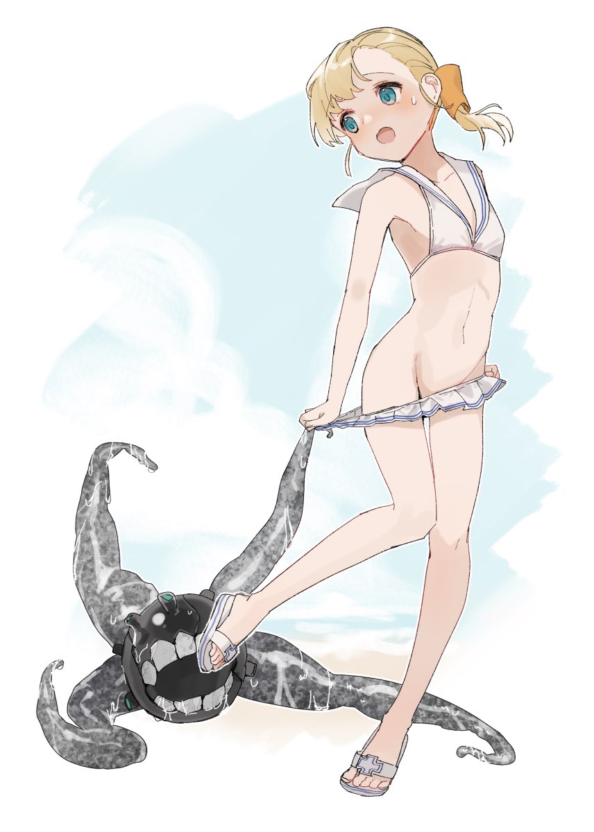 1girl abyssal_ship bikini bikini_pull bikini_skirt blonde_hair blue_eyes breasts clothes_pull cosplay enemy_naval_mine_(kancolle) full_body highres kantai_collection long_hair looking_back lowleg lowleg_bikini navel one-hour_drawing_challenge sailor_bikini sailor_collar sandals shin&#039;you_(kancolle) side_ponytail small_breasts swimsuit white_bikini white_sailor_collar yamashichi_(mtseven) z1_leberecht_maass_(kancolle) z1_leberecht_maass_(kancolle)_(cosplay) z1_leberecht_maass_(swimsuit)_(kancolle)