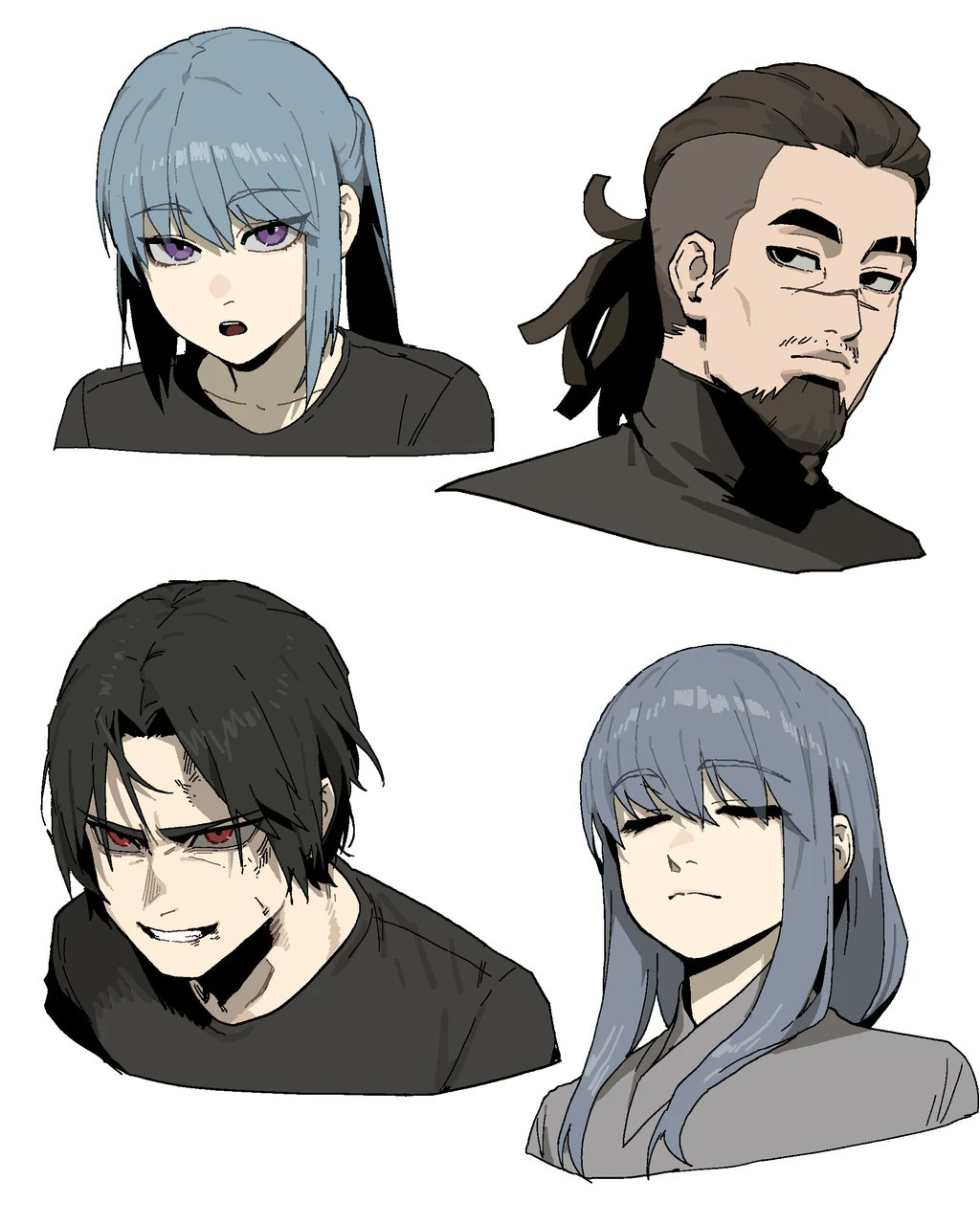 black_eyes blue_hair brown_eyes flower gogalking high_ponytail highres lilac long_hair_on_face multiple_faces ofelia_(gogalking) parted_bangs ponytail portia_(gogalking) purple_eyes red_eyes scar upper_body