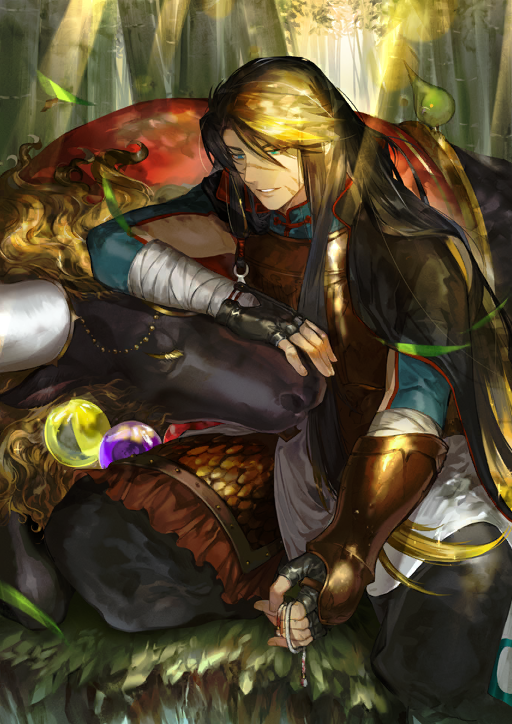 1boy animal araya_(hachino_araya) armor bird black_cape black_pants blonde_hair breastplate brown_hair bull cape chinese_clothes clothing_request dark-skinned_male dark_skin elbow_rest facial_scar fate/grand_order fate_(series) game_cg gold_armor gradient_hair green_bird hair_between_eyes hair_half_over_shoulder holding huang_feihu_(fate) light_rays long_hair looking_at_animal looking_down male_focus multicolored_hair multiple_scars official_art pants parted_lips saddle scar scar_on_cheek scar_on_face scar_on_nose seiza single_bracer sitting solo teeth third-party_source very_long_hair