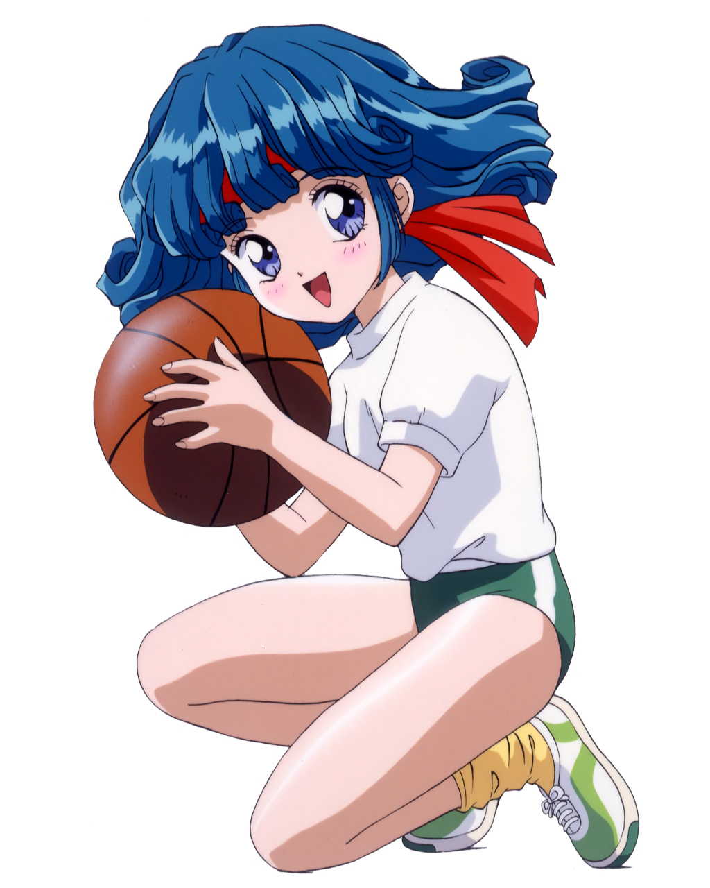 1990s_(style) 1girl aqua_hair ball bare_legs basketball basketball_(object) blue_eyes blush buruma female_focus full_body gym_uniform headband highres holding holding_ball long_hair on_one_knee open_mouth retro_artstyle rolfee shoes short_sleeves simple_background sneakers solo squatting tadano_kazuko tonari_no_princess_rolfee white_background yellow_legwear