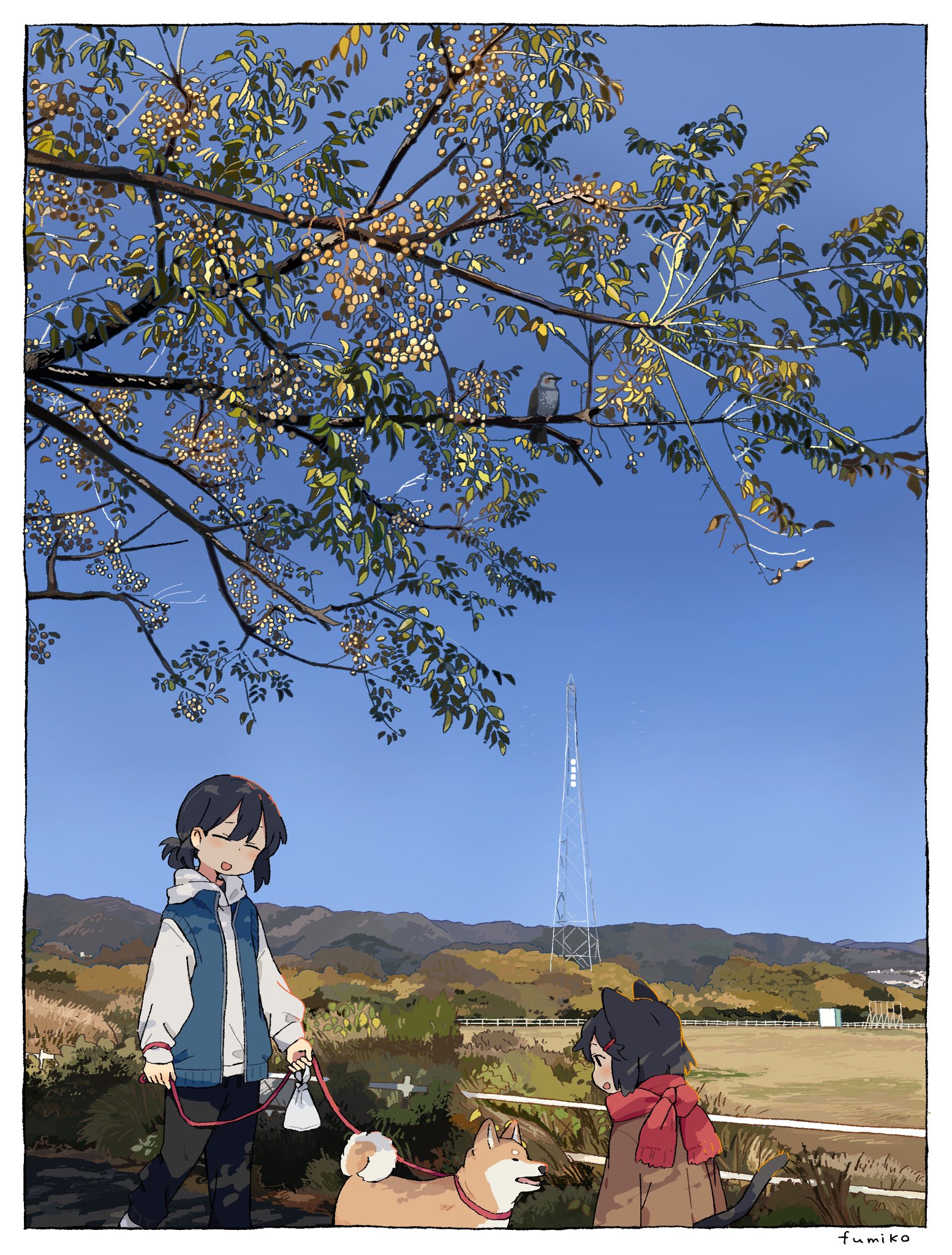 2girls animal_ears bird black_hair blue_jacket blush border branch brown_jacket cat_ears cat_girl cat_tail closed_eyes commentary_request fumiko_(rubra_plumeria) hair_ornament hairclip highres holding holding_leash hood hood_down hoodie jacket leash long_sleeves medium_hair multiple_girls open_clothes open_jacket open_mouth original outdoors pet_walking ponytail red_scarf scarf shiba_inu sidelocks smile tail white_border white_hoodie