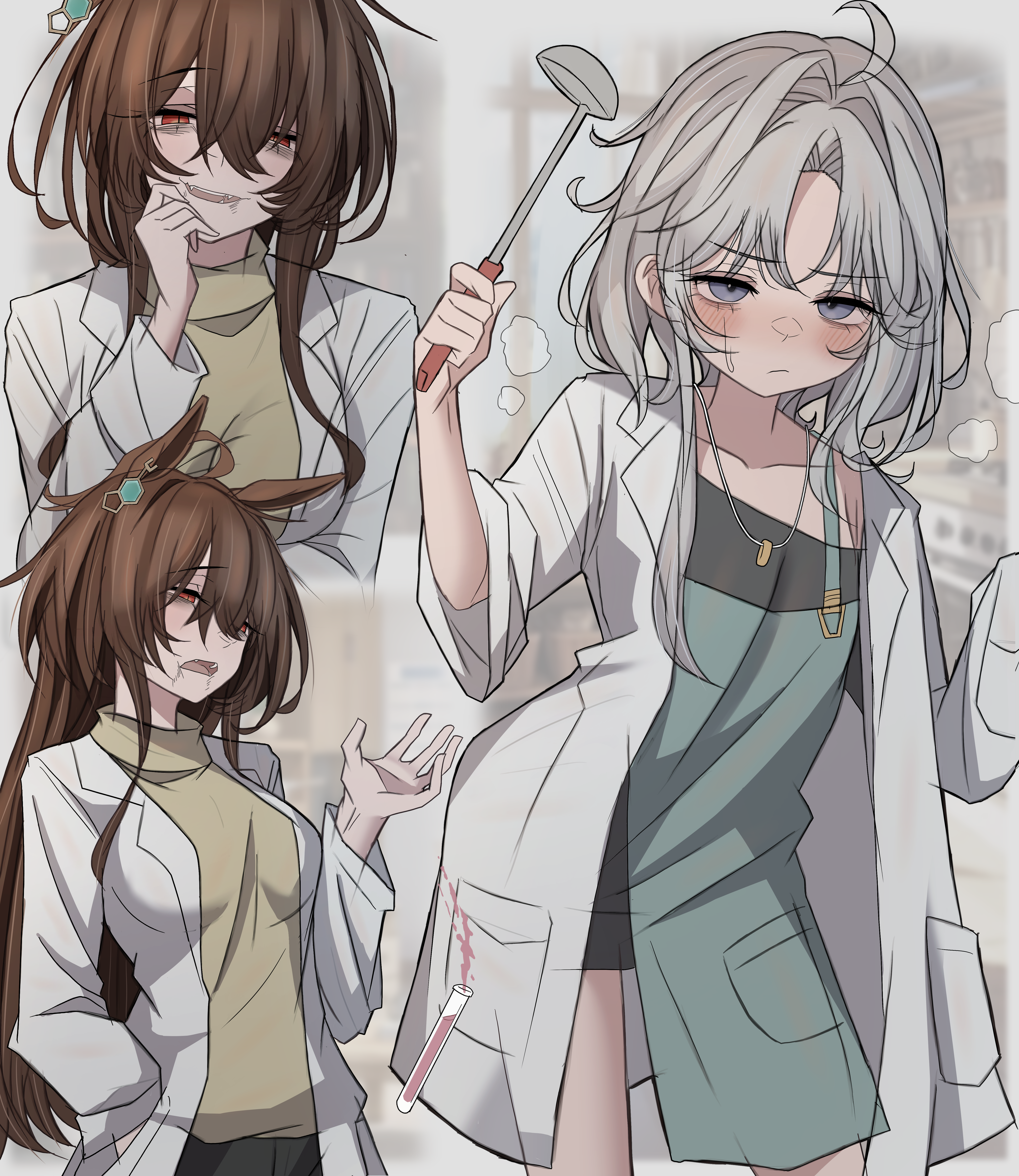 2girls absurdres aged_up agnes_tachyon_(umamusume) ahoge alternate_hair_length alternate_hairstyle antenna_hair apron blurry blurry_background brown_hair collarbone dropping earrings genderswap genderswap_(mtf) green_apron grey_eyes grey_hair hair_between_eyes hair_intakes hand_in_pocket hand_on_own_chin highres holding holding_ladle horse_girl huge_ahoge husband_and_wife jewelry lab_coat ladle leogust long_hair long_sleeves mars_symbol motion_lines multiple_girls necklace red_eyes ring ring_necklace short_hair_with_long_locks sidelocks sigh single_earring slit_pupils spill sweatdrop sweater test_tube textless_version trainer_(umamusume) umamusume variant_set visible_air yellow_sweater