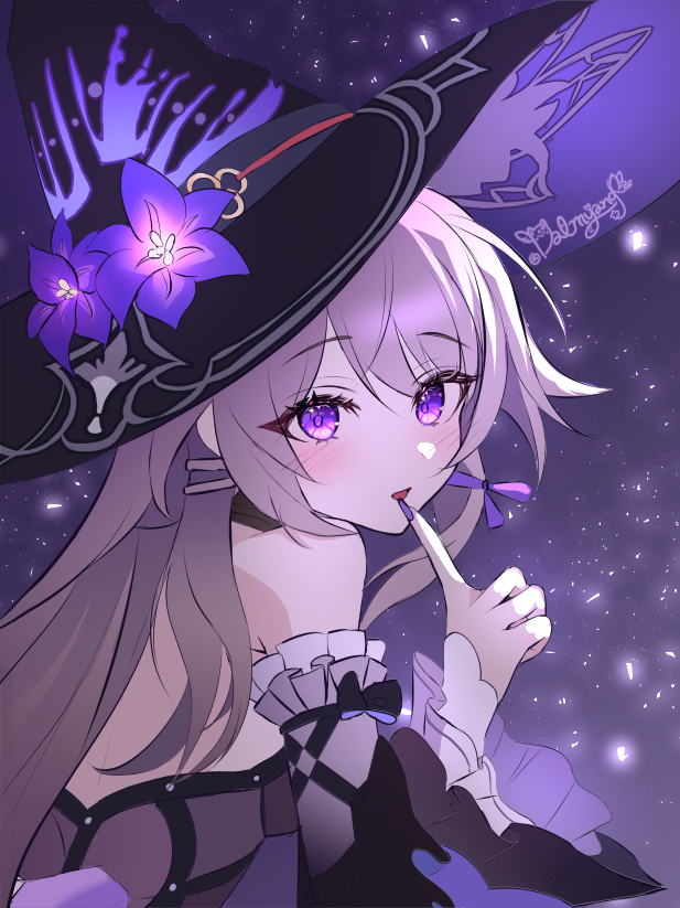 1girl bare_shoulders black_hat dalmyang detached_sleeves flower grey_hair hat hat_flower herta_(honkai:_star_rail) the_herta_(honkai:_star_rail) honkai:_star_rail honkai_(series) index_finger_raised long_hair long_sleeves looking_at_viewer nail_polish open_mouth purple_eyes purple_flower purple_nails solo upper_body very_long_hair witch_hat