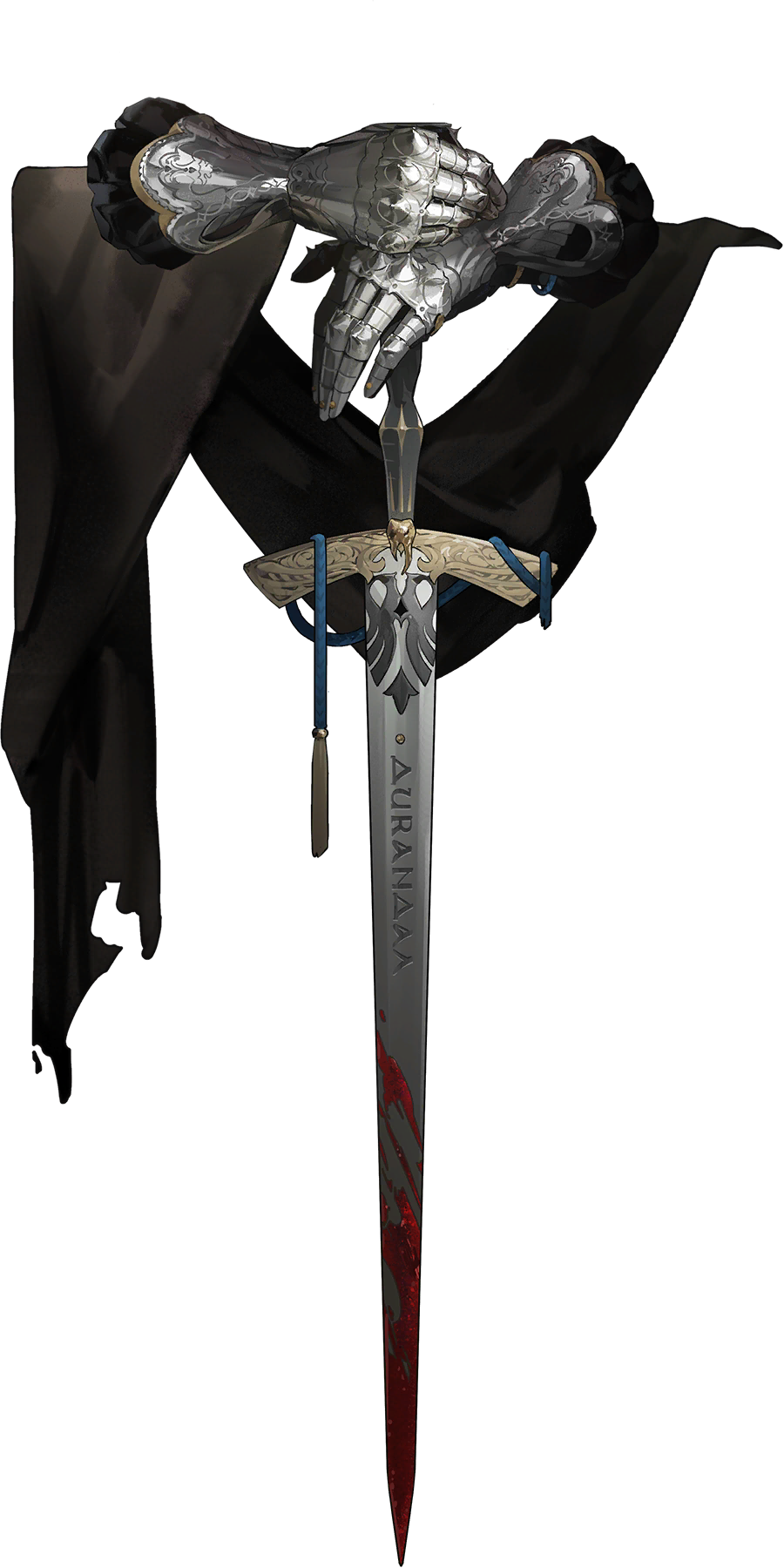 1boy a_knight armor blood bloody_weapon gauntlets gloves highres holding holding_sword holding_weapon invisible official_art reverse:1999 solo sword sword_writing tachi-e tassel third-party_source transparent_background weapon