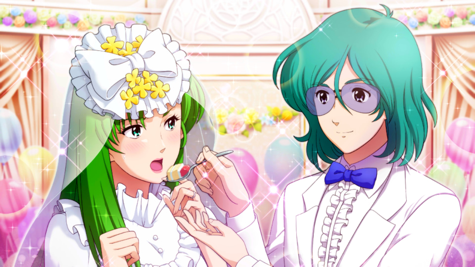 1boy 1girl aqua_hair blush bow bowtie bridal_veil bride cake choujikuu_yousai_macross couple dress feeding food formal_clothes game_cg glasses green_hair groom hetero holding holding_spoon jenius_maximilian jenius_milia jewelry lipstick long_hair macross makeup meltrandi official_art open_mouth ring smile spoilers spoon tuxedo uta_macross_sumaho_deculture veil wedding_band wedding_dress