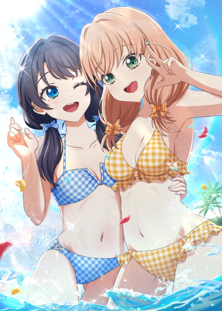 2girls :d ;d arm_around_back bikini blue_bikini blue_bow blue_eyes blue_hair blue_sky bow breasts cleavage commentary cowboy_shot crossed_bangs dark_blue_hair day frilled_bikini frills gingham_bikini gingham_bow gluteal_fold green_eyes hair_bow hair_ornament hinoshita_kaho link!_like!_love_live! long_hair looking_at_another looking_at_viewer love_live! low_twintails medium_breasts multiple_girls murano_sayaka navel one_eye_closed open_mouth orange_bikini orange_hair rabbit_hair_ornament satolive20 short_twintails signature sky small_breasts smile stomach swimsuit teeth twintails two_side_up upper_teeth_only virtual_youtuber w wading
