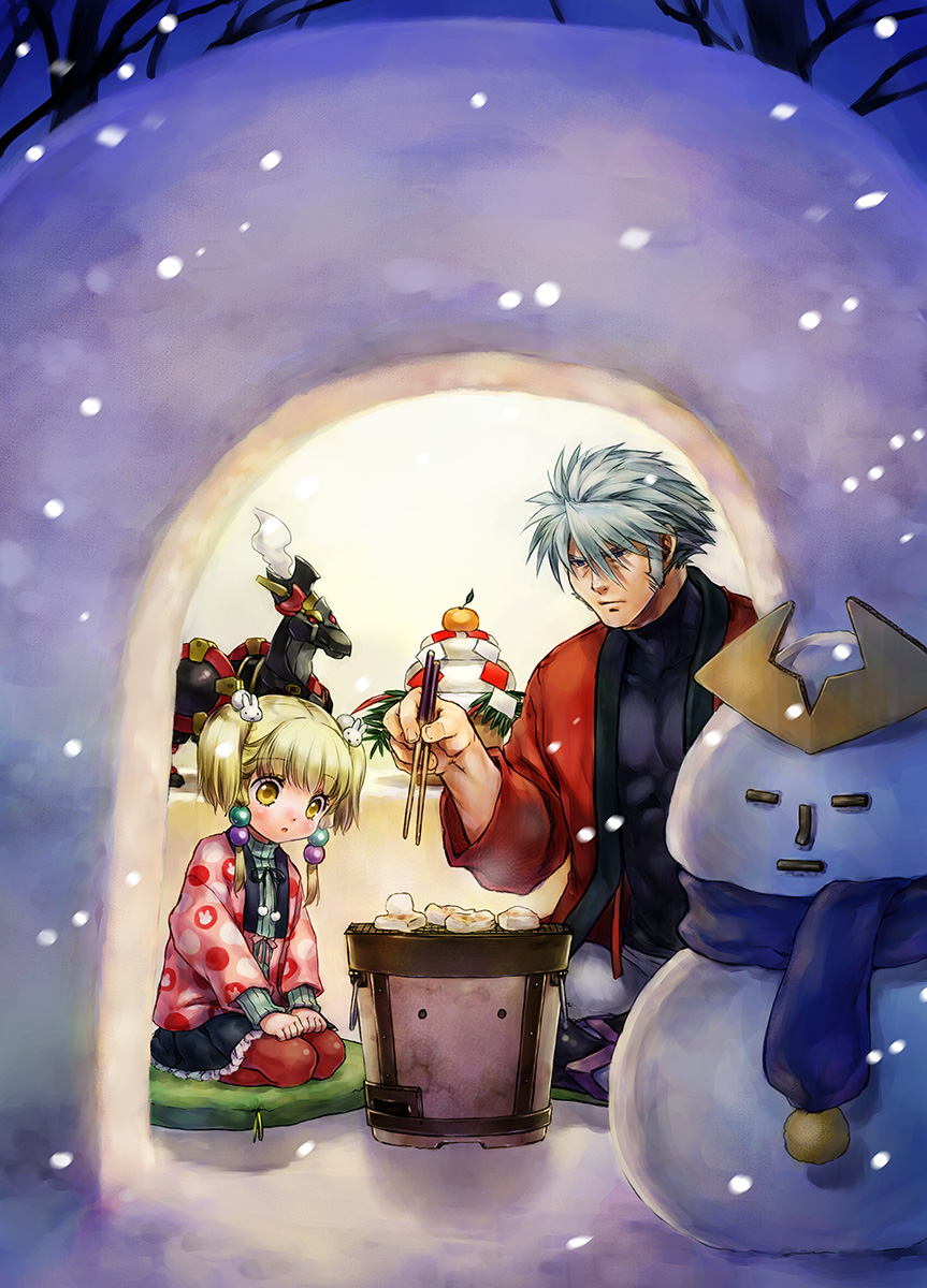 1boy 1girl :o black_shirt black_skirt blonde_hair blue_eyes blue_scarf blush child chopsticks closed_mouth coat food frilled_skirt frills fruit green_sweater grey_hair grey_pants grill hair_bobbles hair_ornament highres holding holding_chopsticks irui_guneden kagami_mochi long_hair long_sleeves mandarin_orange mochi nakamura_kanko night outdoors pants pantyhose parted_lips pillow pleated_skirt quinzhee rabbit_hair_ornament red_coat red_pantyhose sanger_zonvolt scarf shichirin shirt sitting skirt snow snow_shelter snowing snowman super_robot_wars sweater turtleneck turtleneck_sweater twintails wagashi wariza yellow_eyes