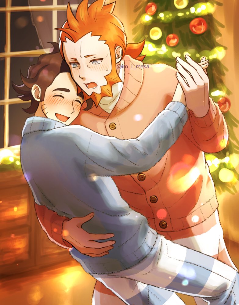 2boys :d professor_sycamore beard blush buttons cardigan christmas christmas_ornaments christmas_tree closed_eyes commentary_request couple curly_hair facial_hair grey_eyes holding_hands im_i_masa indoors lower_teeth_only lysandre_(pokemon) male_focus multiple_boys nintendo open_mouth orange_hair pants pokemon pokemon_xy smile striped_clothes striped_pants sweatdrop teeth tongue twitter_username