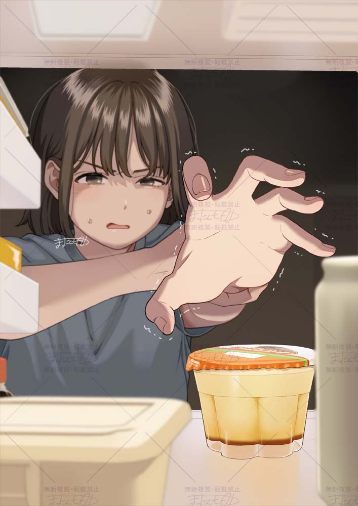 1girl adversarial_noise artist_name bob_cut brown_eyes brown_hair dot_nose fingernails food green_shirt holding_own_arm indoors mattaku_mousuke open_mouth original outstretched_arm pudding refrigerator_interior shirt short_hair sidelocks signature solo squinting sweat trembling watermark watermark_grid