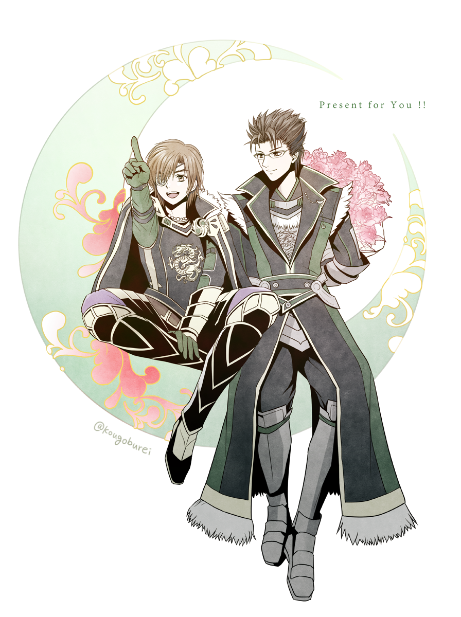 armor bouquet brown_eyes brown_hair coat date_masamune eyepatch flower glasses highres katakura_kojuurou male_focus pointing sengoku_musou sitting smile swept_bangs