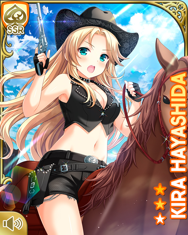 1girl badge black_gloves black_hat black_shorts blonde_hair boots card_(medium) cowboy_clothes cowboy_hat cowboy_western day fingerless_gloves girlfriend_(kari) gloves green_eyes gun handgun hat hayashida_kira horse horseback_riding long_hair midriff navel official_art one_side_up open_mouth outdoors pistol qp:flapper riding shorts sitting sky solo weapon