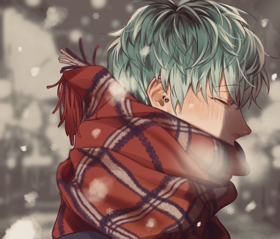 1boy aqua_hair black_hair blurry blush breath closed_eyes closed_mouth covered_mouth depth_of_field ear_piercing eyelashes gradient_hair green_hair hypnosis_mic jewelry kamachiri male_focus messy_hair multicolored_hair nose_blush nurude_sasara outdoors piercing portrait profile ribbon scarf snowflakes snowing upper_body