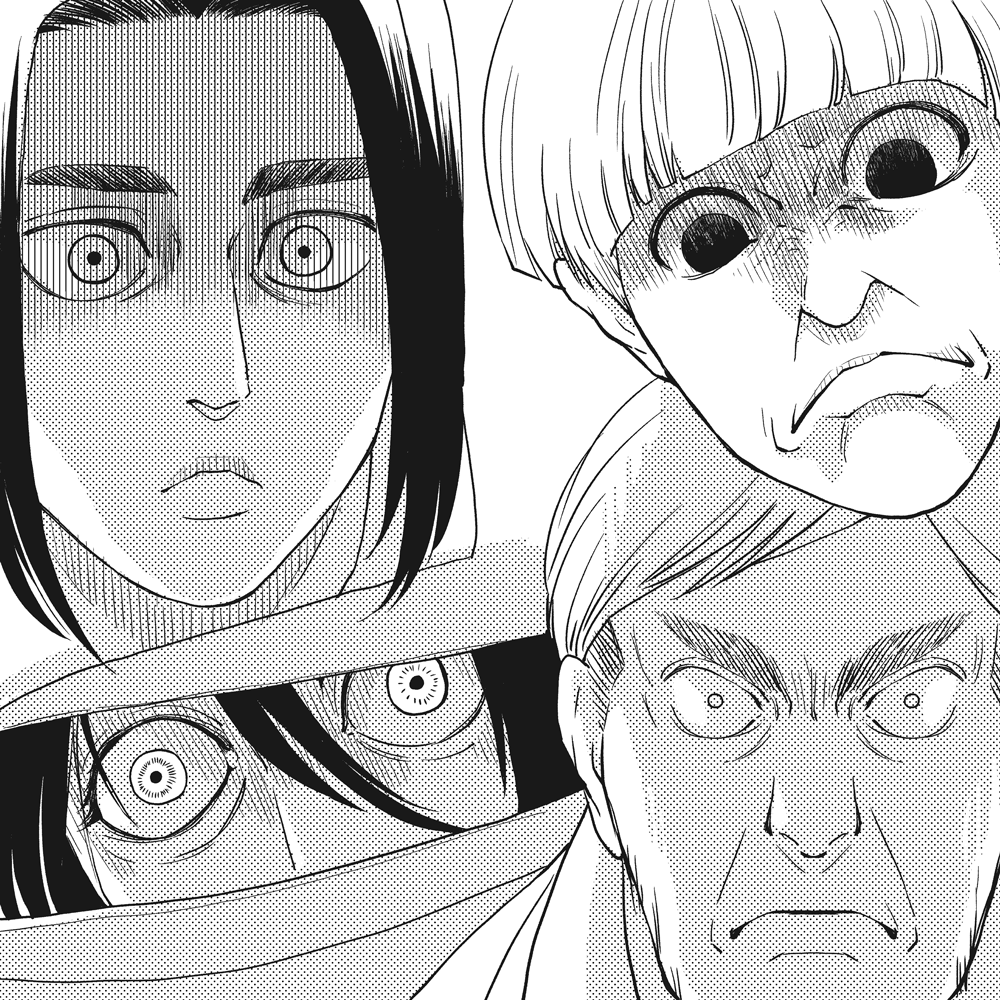 2boys 2girls 4100 angry character_request collage cropped_head derivative_work empty_eyes eren_yeager erwin_smith frown greyscale hair_between_eyes meme mikasa_ackerman monochrome multiple_boys multiple_girls portrait screenshot_redraw shaded_face shingeki_no_kyojin thick_eyebrows wide-eyed yelena_(shingeki_no_kyojin) yelena_face_(meme)