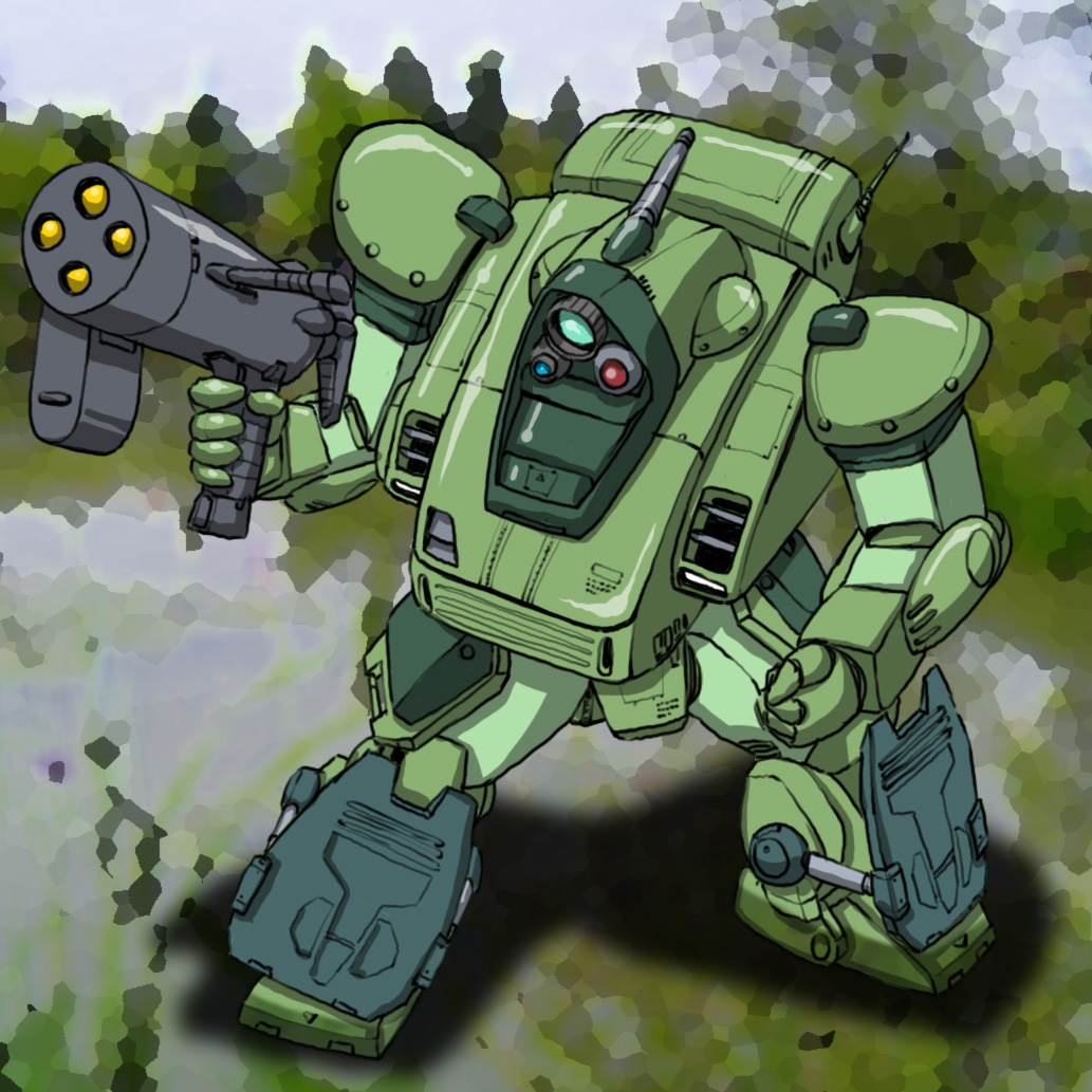 domestic_goose gun hirodango holding holding_gun holding_weapon mecha no_humans robot soukou_kihei_votoms weapon