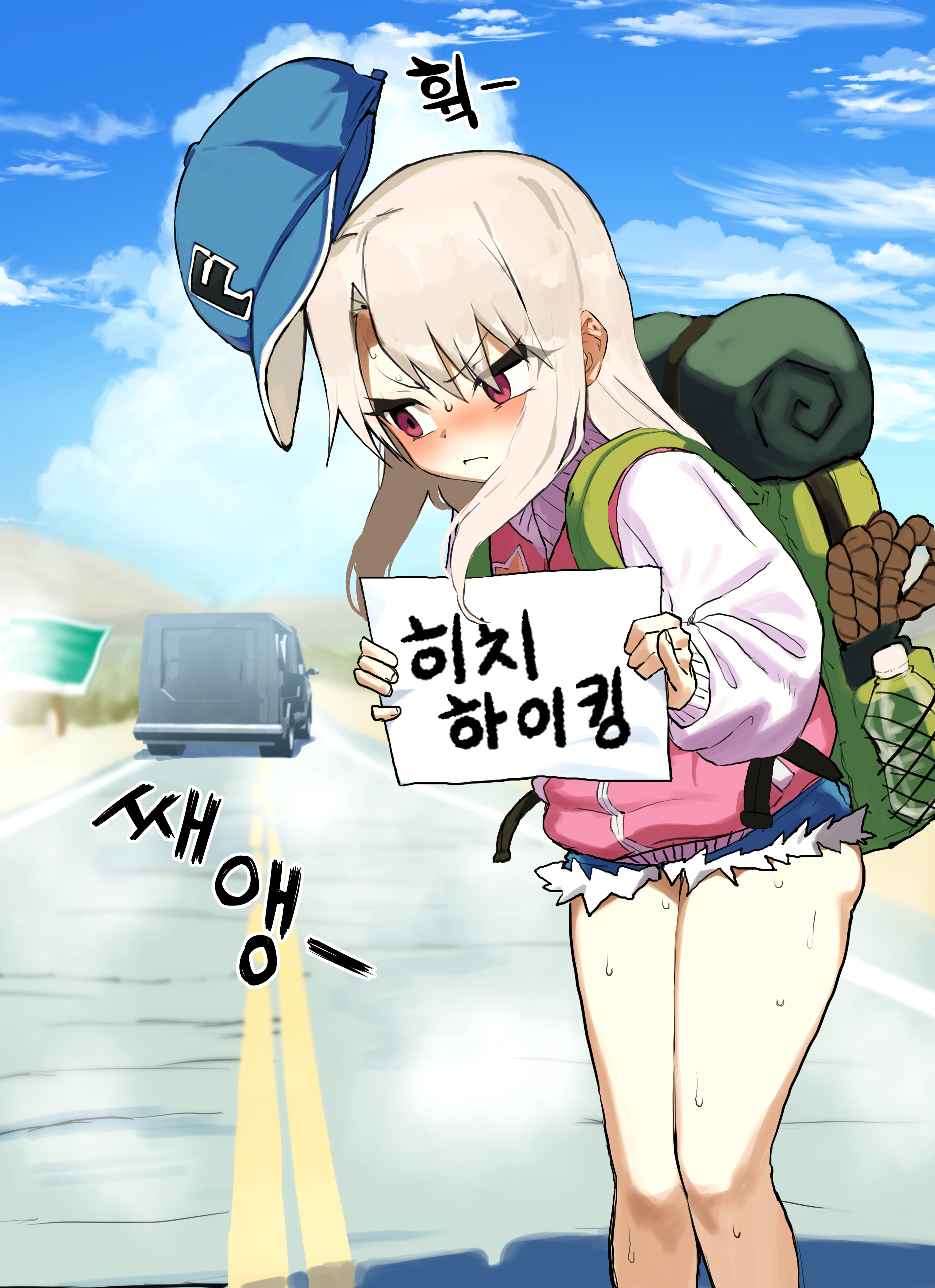 1girl annoyed backpack bag bare_legs baseball_cap blue_hat blue_shorts blue_sky blush child closed_mouth cloud day denim denim_shorts dot_nose empty_eyes eyebrows eyelashes fate/kaleid_liner_prisma_illya fate_(series) feet_out_of_frame female_focus grey_hair hat holding holding_sign illyasviel_von_einzbern jacket korean_text long_hair long_sleeves looking_afar looking_to_the_side nose_blush outdoors pink_jacket red_eyes shorts sign sky solo standing sweat translation_request unworn_hat unworn_headwear variant_set wavy_mouth yoma_(mayo)