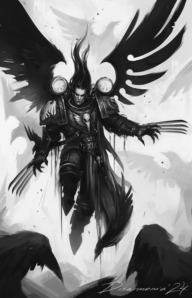 1boy animal_skull animal_skull_ornament armor armored_boots artist_name bird bird_skull black_eyes black_hair boots breastplate clawed_gauntlets commentary corvus_corax_(warhammer) couter crow cuirass dated dripping dynamic_pose english_commentary falling gauntlets greaves greyscale highres jetpack leg_armor lightning_claw long_hair male_focus mechabare mechanical_wings monochrome pauldrons pelvic_curtain poleyn power_armor primarch raven_guard rerebrace shoulder_armor skull_ornament solo veronica_anrathi warhammer_40k wings