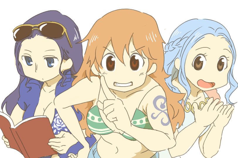 3girls arm_tattoo bikini bikini_top_only blue_eyes blue_hair blue_jacket book braid brown_eyes commentary_request cowboy_shot cropped_jacket eyewear_on_head hair_slicked_back half_updo hand_on_own_hip holding holding_book jacket long_hair multiple_girls nami_(one_piece) nefertari_vivi nichijou nico_robin nico_robin_(return_to_sabaody) nikoban one_piece orange_hair short-sleeved_jacket short_sleeves sidelocks simple_background smile swimsuit tattoo white_background