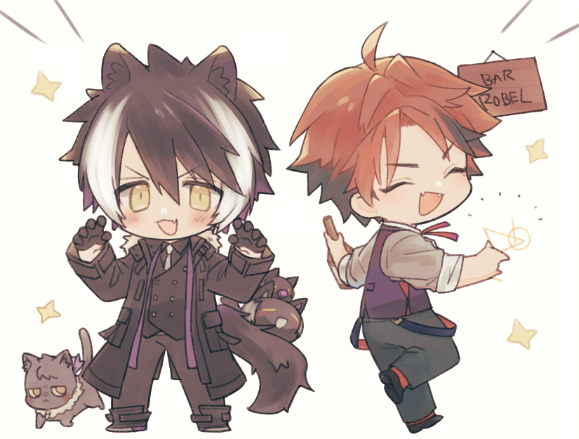 2boys :d ^_^ animal_ears animal_on_tail ankle_boots black_coat black_footwear black_gloves black_hair black_pants black_shirt black_vest boots bottle buttons cat chibi claw_pose closed_eyes coat cocktail_glass cup double-breasted drinking_glass facing_to_the_side facing_viewer fang fangs full_body fur-trimmed_coat fur_trim gloves grey_cat grey_shirt hair_between_eyes half_gloves holding holding_bottle holding_cup holostars jackal_boy jackal_ears jackal_tail kageyama_shien koyama_(kageyama_shien) looking_at_viewer male_focus mole mole_under_eye multicolored_hair multiple_boys nakayama_(kageyama_shien) neck_ribbon necktie nekoyama_shien open_clothes open_coat open_mouth orange_hair orange_socks pants parted_bangs purple_vest red_ribbon ribbon seri-seri shirt short_hair simple_background skin_fang sleeves_rolled_up smile socks sparkle standing standing_on_one_leg stole streaked_hair tail two-tone_hair v-shaped_eyebrows vest virtual_youtuber white_background white_hair white_necktie wine_bottle yellow_eyes yukoku_roberu