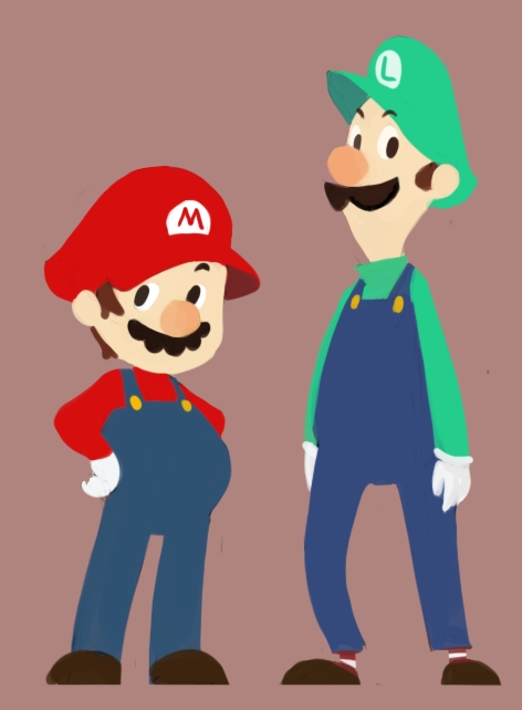 brothers brown_footwear brown_hair facial_hair gigi_d.g. green_headwear luigi male_focus mario mario_(series) mustache nintendo overalls red_headwear siblings source_request