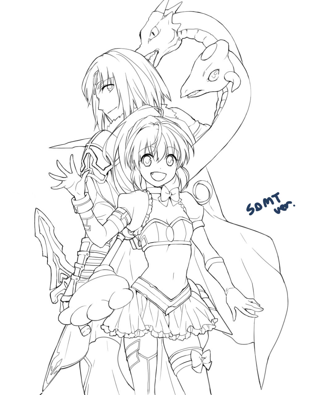1boy 1girl ashton_anchors breasts cape choker closed_mouth gloves highres long_hair looking_at_viewer monochrome navel open_mouth precis_neumann protected_link simple_background skirt small_breasts smile star_ocean star_ocean_the_second_story thighhighs weapon white_background ycco_(estrella)