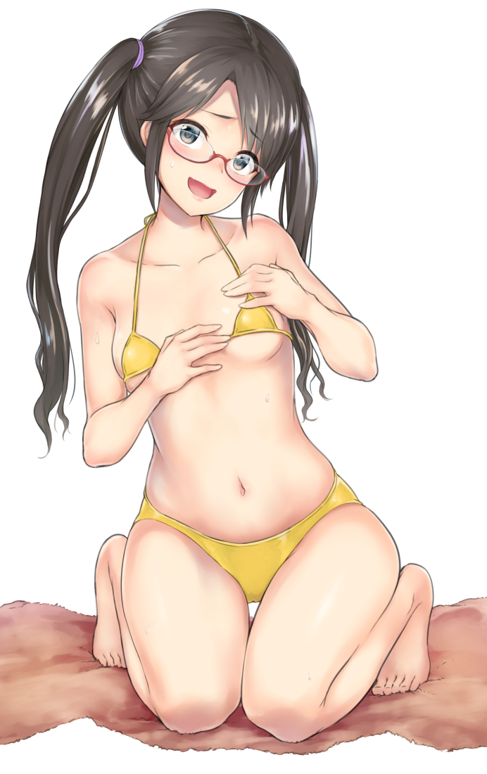 1girl bad_id bad_pixiv_id bikini black_hair blue_eyes blush breasts collarbone commentary_request embarrassed female_focus full_body glasses halterneck head_tilt idolmaster idolmaster_shiny_colors kneeling long_hair looking_at_viewer medium_breasts micro_bikini mitsumine_yuika navel nervous_smile oonaka_ito open_mouth parted_bangs raised_eyebrows sim simple_background skindentation smile solo swimsuit thighs towel twintails white_background yellow_bikini