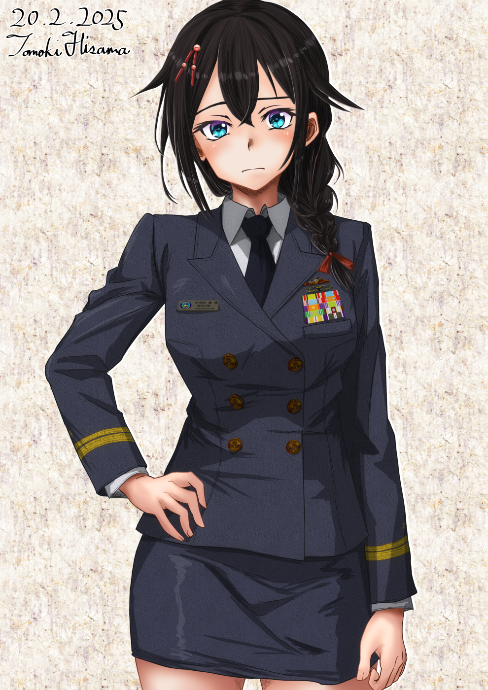 1girl alternate_costume artist_name black_hair black_jacket black_necktie black_skirt blue_eyes braid buttons cowboy_shot dated double-breasted grey_background hair_flaps hair_over_shoulder hand_on_own_hip highres hisamatomoki jacket kantai_collection long_hair military_uniform necktie one-hour_drawing_challenge pencil_skirt shigure_(kancolle) shigure_kai_ni_(kancolle) single_braid skirt solo