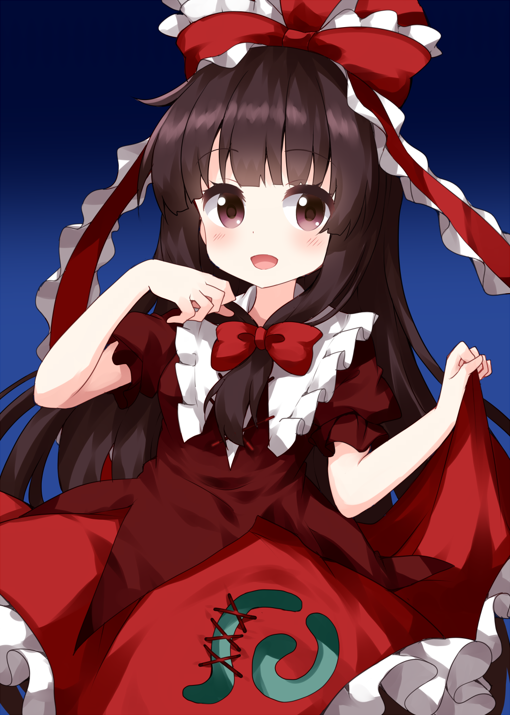 1girl blue_background bow brown_eyes brown_hair cosplay frilled_ribbon frilled_skirt frills front_ponytail gradient_background hair_bow hair_ribbon highres hime_cut holding houraisan_kaguya kagiyama_hina kagiyama_hina_(cosplay) long_hair looking_at_viewer open_mouth red_bow red_ribbon red_shirt red_skirt ribbon ruu_(tksymkw) shirt skirt skirt_hold smile solo spiral standing touhou