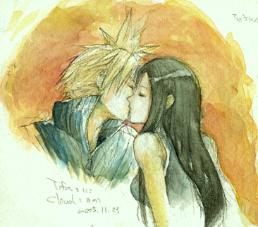 1990s_(style) cloud_strife closed_eyes final_fantasy final_fantasy_vii kiss lowres niko_(silent.whitesnow) retro_artstyle tifa_lockhart