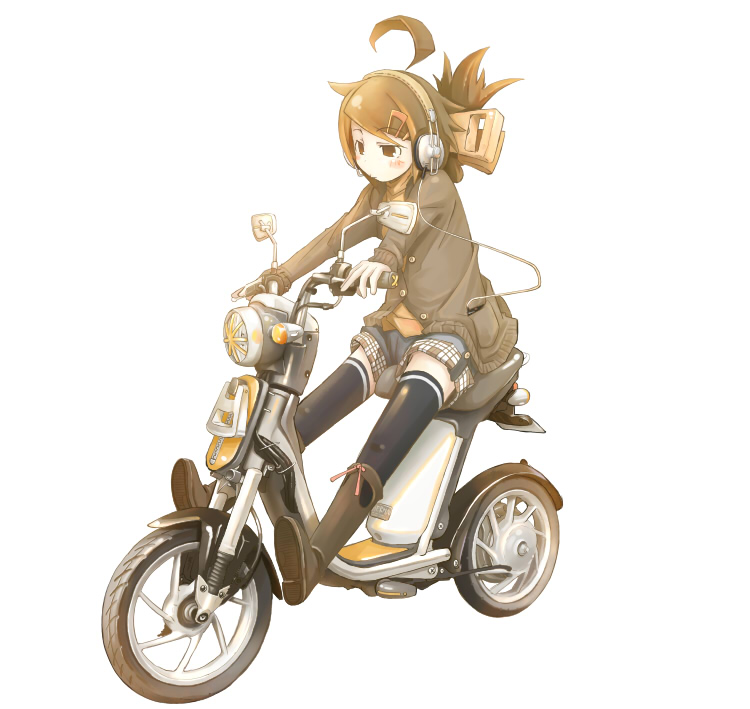 1girl ahoge blush boots brown_cardigan cardigan female_focus full_body motor_vehicle nabana noped original outstretched_legs scooter shorts simple_background solo thighhighs vehicle white_background zettai_ryouiki