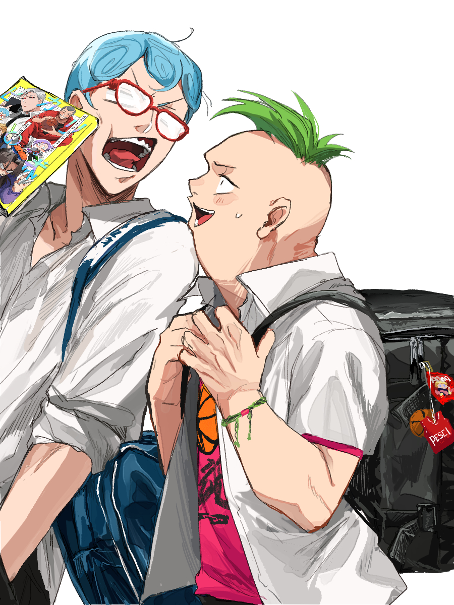 2boys backpack bag bag_charm black_bag blue_bag blue_hair character_name charm_(object) collared_shirt commentary commentary_request formaggio ghiaccio glasses green_hair highres holding holding_manga illuso jojo_no_kimyou_na_bouken looking_at_another magazine_(object) male_focus manga_(object) mohawk multiple_boys open_mouth orion_on_rio pesci pink_shirt red-framed_eyewear risotto_nero school_bag shirt short_hair short_sleeves smile sweatdrop teeth tongue upper_body v-shaped_eyebrows vento_aureo white_background white_shirt